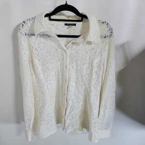 Tommy Hilfiger Women’s Button Up Floral Lace Long Sleeve Cream Blouse, Size XL